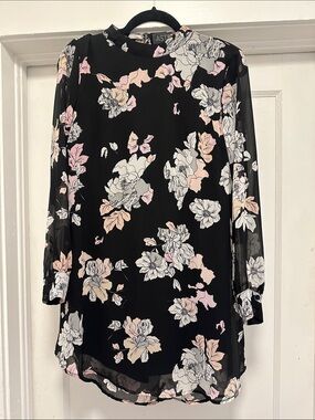 Astr Black Floral Chiffon Tunic with Blush & Cream Blooms